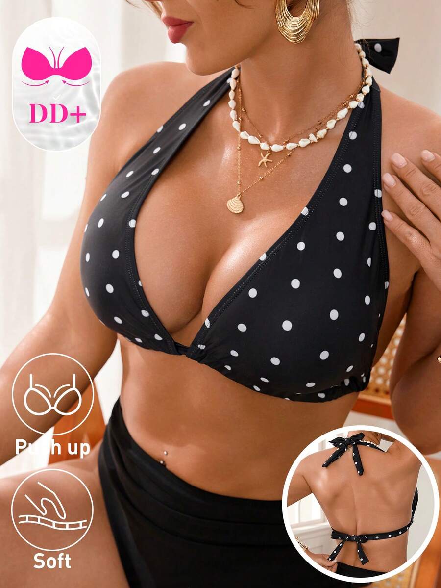 Swim DD+ Women's Polka Dot Print Halter Tie Sexy Bikini Top - Black and White - View 1