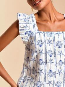 Travachic 女士度假贝壳图案方领短袖衬衫，女士度假休闲套装，适合夏季假期、春假、派对、海滩、春季、情人节、女士情人节、狂欢节服装、优雅、花卉图案、狂欢节、春夏交替、派对、夏季上衣、情人节上衣、女士婚礼宾客上衣、生日上衣、派对上衣、女士优雅上衣、花卉图案上衣、夏季上衣、狂欢节服装、女士墨西哥风情波西米亚风上衣 - 藍白色 - 查看 7