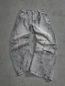 Manfinity ZONE917 男士纽扣口袋直筒休闲宽松牛仔裤，街头潮流百搭 - 灰色 - 查看 1