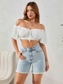 SHEIN 90's A-Line High Rise Mini Summer Denim Woman Short - Light Wash - View 3