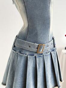 Elamini 女士休闲时尚街头风毛边翻领露肩荷叶边下摆系带牛仔连衣裙，夏季 - 藍色 - 查看 6