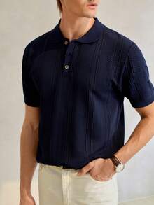 Manfinity CityGents 男士夏季休闲短袖针织上衣老款唯美男士纽扣Polo衫男士针织Polo衫男士Polo衫 - 藏蓝色 - 查看 2