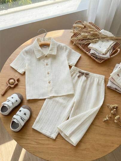 SHEIN 2pcs Baby Boy Vintage Textured Ribbed Polo Collar Shirt And Simple Long Pants Set, Suitable For Home And Outings