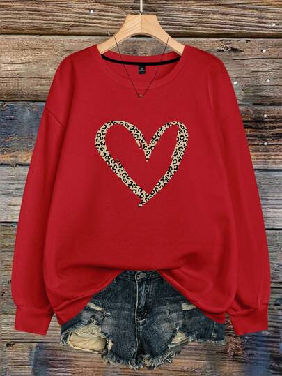 EMERY ROSE Plus Size Women's Heart-Shape Printed Round Neck Long Sleeve Sports Casual Sweatshirt Pullover
