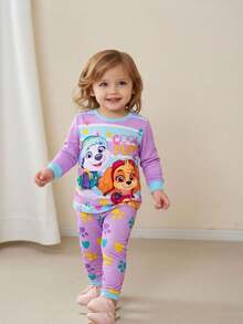 SHEIN | PAW Patrol 2pcs/Set Young Girl Cute Cartoon Dog Print Crew Neck Long Sleeve Top And Pants Knit Comfortable Stretchy Pajama Set - Purple - View 1