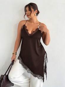 Firerie Camiseta sin espalda de talla grande con parches de encaje y bajo asimétrico de unicolor - Marrón - Ver 6