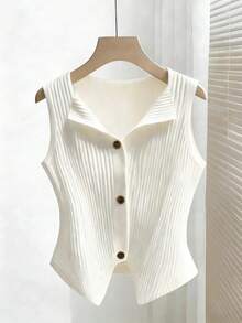 Franclia Women's Ribbed Fabric Sleeveless White Vest With Wooden Buttons And A Turn-Down Collar; V-Neck Shirt; Suitable For Summer Holiday Wear, Summer Tops, Spring Women's Wear, Valentine's Day Wear, Beach Wear, Elegant Women's Tops, Elegant Women's Shirts, Casual Women's Tops, Casual Women's Wear, White Women's Shirts, White Tops.Graduation Season Attire, Fashionable Casual Commuter Wear, Business Office Wear, Versatile And Stylish Everyday Casual Wear, Urban Teacher's Professional Attire - White - View 1