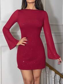 Ronhire 优雅蝴蝶结露背性感亮片修身迷你连衣裙，婚礼宾客礼服 - 酒紅色 - 查看 6