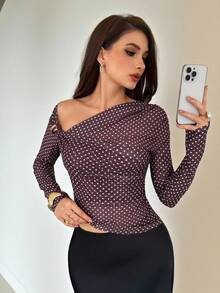 NOVVYNE New Spring/Summer Polka Dot Brown Elegant Metal Buckle Shoulder T-Shirt For Women - Brown - View 1