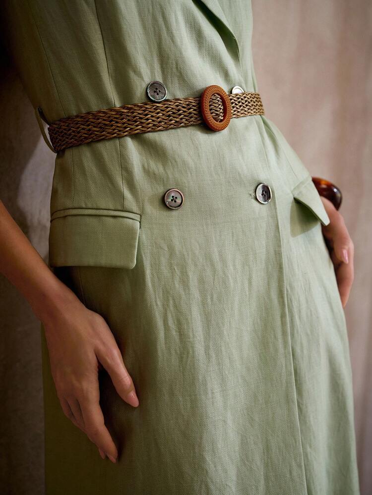LINEN SLEEVELESS MIDI DRESS WITH WOVEN BELT, VINTAGE STYLE, SPRING/SUMMER