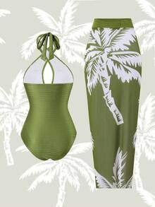 Swim Oasis 大码女式亮面纹理面料交叉前系带露背椰树印花网纱裙连体泳衣，休闲度假日常泳池优雅款 - 綠色 - 查看 2