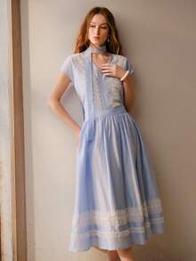 MOTF PREMIUM SPRING/SUMMER NEW BLUE CONTRAST LACE CONTRAST COLOR A-LINE SKIRT, VERSATILE FOR COMMUTING AND CASUAL WEAR - Blue - View 5