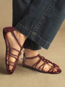 Women's Burgundy French Style Flat Strap Shoes, Fashionable For Daily Wear, Spring/Summer - Burgundy - View 7