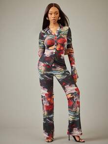 NYA SZN طقم متطابق (ملابس علوية وبنطلون) ملابس علوية بأكمام طويلة ضيقة مع ياقة زر، بنطلون ذو خصر عالي نحيف بتنورة صغيرة متسعة من الأسفل، من الشبك باللون الأسود والأحمر والبرتقالي والأخضر، ملابس للشتاء والربيع والمناسبات الاحتفالية كعيد الميلاد ورأس السنة وعيد الحانوكا للنساء - متعدد الألوان - مشاهدة 3