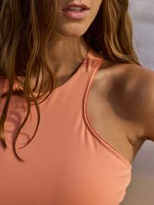 Aralina 2 Pieces Set Leisurewear Active Spring Summer Exercise Vacation Beach Binding Detail Crop High Neck Racer Back Tank Bike Short Two Pieces Set - Orange - View 7