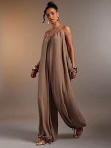 Hauture Women's Sexy Cami Sleeveless Side Ruched And Drawstring Hem Jumpsuit - Brown - View 4