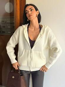 Aidyla Áo khoác cardigan hoodie có mũ trùm đầu cỡ lớn, thoải mái, có thể đảo ngược, khóa kéo, áo khoác len dệt kim đa năng thời trang cho mùa thu/đông - Kem - Xem 4