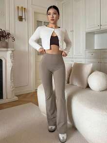 DAZY Quần ống loe cạp cao màu trơn dành cho nữ, kiểu dáng thường ngày. - Màu Khaki - Xem 5