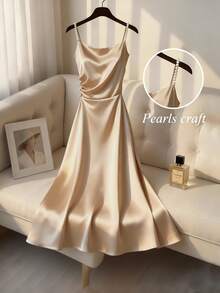 Franclia Women's Elegant Fashion Bubble Bead Neckline Dress, Suitable For Valentine's Day, Party, Sexy Gold Elegant Dress Women Pearl Dress Classy Dress Silk Dresses Satin Dress Elegant - Champagne - View 1
