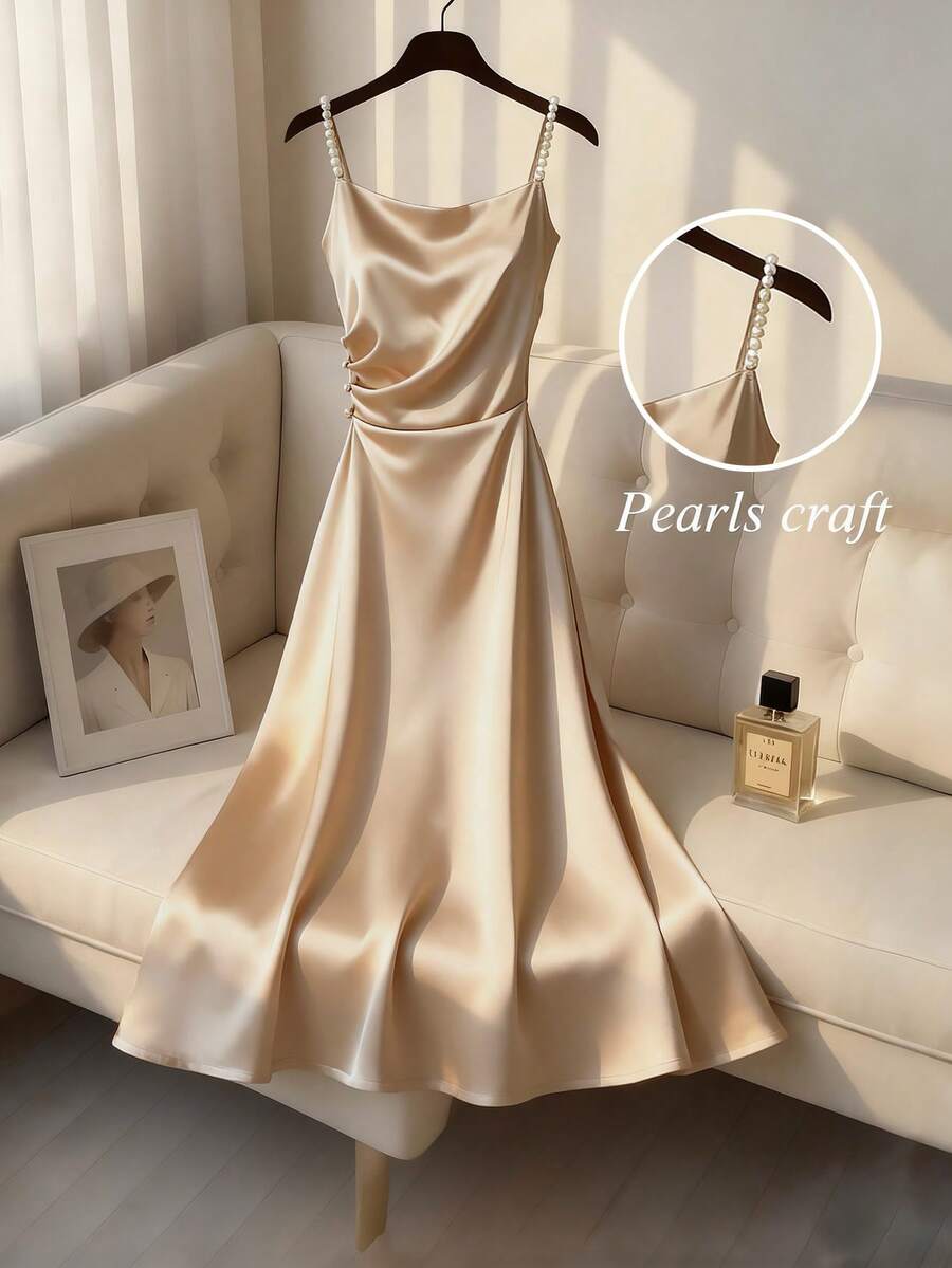 Franclia Women's Elegant Fashion Bubble Bead Neckline Dress, Suitable For Valentine's Day, Party, Sexy Gold Elegant Dress Women Pearl Dress Classy Dress Silk Dresses Satin Dress Elegant - Champagne - View 1
