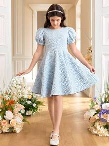 SHEIN Tween Girl Elegant Petal Sleeve Bow Decor Jacquard Fabric Dress Tween Girl - Baby Blue - View 4