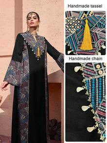 Al Najma Vestido maxi árabe de unicolor con cinta de caparazón, estampado asimétrico de parche floral y cuello mao - Multicolor - Ver 3