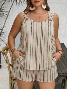 SHEIN VCAY 大码女式卡其条纹两件套 - 金属环扣上衣 + 宽松短裤，度假风休闲舒适显瘦家居服及外套套装 - 卡其色 - 查看 1