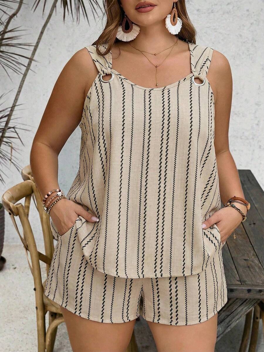 SHEIN VCAY 大码女式卡其条纹两件套 - 金属环扣上衣 + 宽松短裤，度假风休闲舒适显瘦家居服及外套套装 - 卡其色 - 查看 1