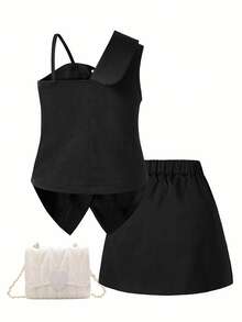 SHEIN Elladie kids Zweiteiler im asymmetrischen Design für Kleine Mädchen, eleganter Khaki-Rock-Anzug - Schwarz - Übersicht 2