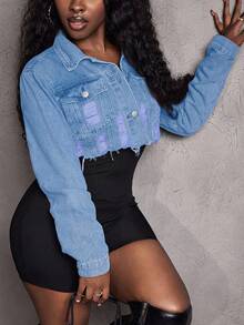 Slaydiva Áo khoác denim nữ dáng ngắn, phong cách thường ngày, bạc màu và rách rưới. - Màu xanh lam - Xem 2