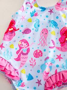 SHEIN Cute Baby Girl Stretch Knit Camisole With Playful Print - One-Piece Swimsuit - Blue - View 5