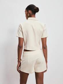 ATUI Studio Women's Solid Color Short Sleeve Double-Breasted Casual/Work Blazer - Khaki - View 3