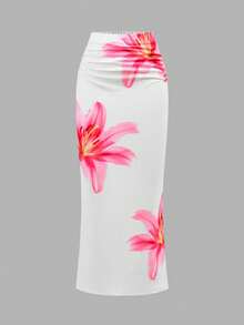 2pcs Tween Girls Floral Print Asymmetrical Shoulder T-Shirt And Maxi Skirt Set, Casual Vacation Beach Tropical Hawaii Summer Outfit - Pink - View 5