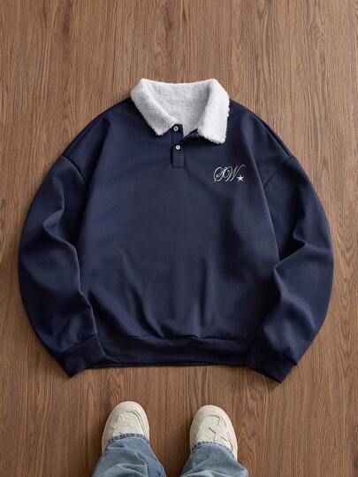 EASEVO Sudadera holgada y casual de talla grande para hombres con cuello bordado, azul