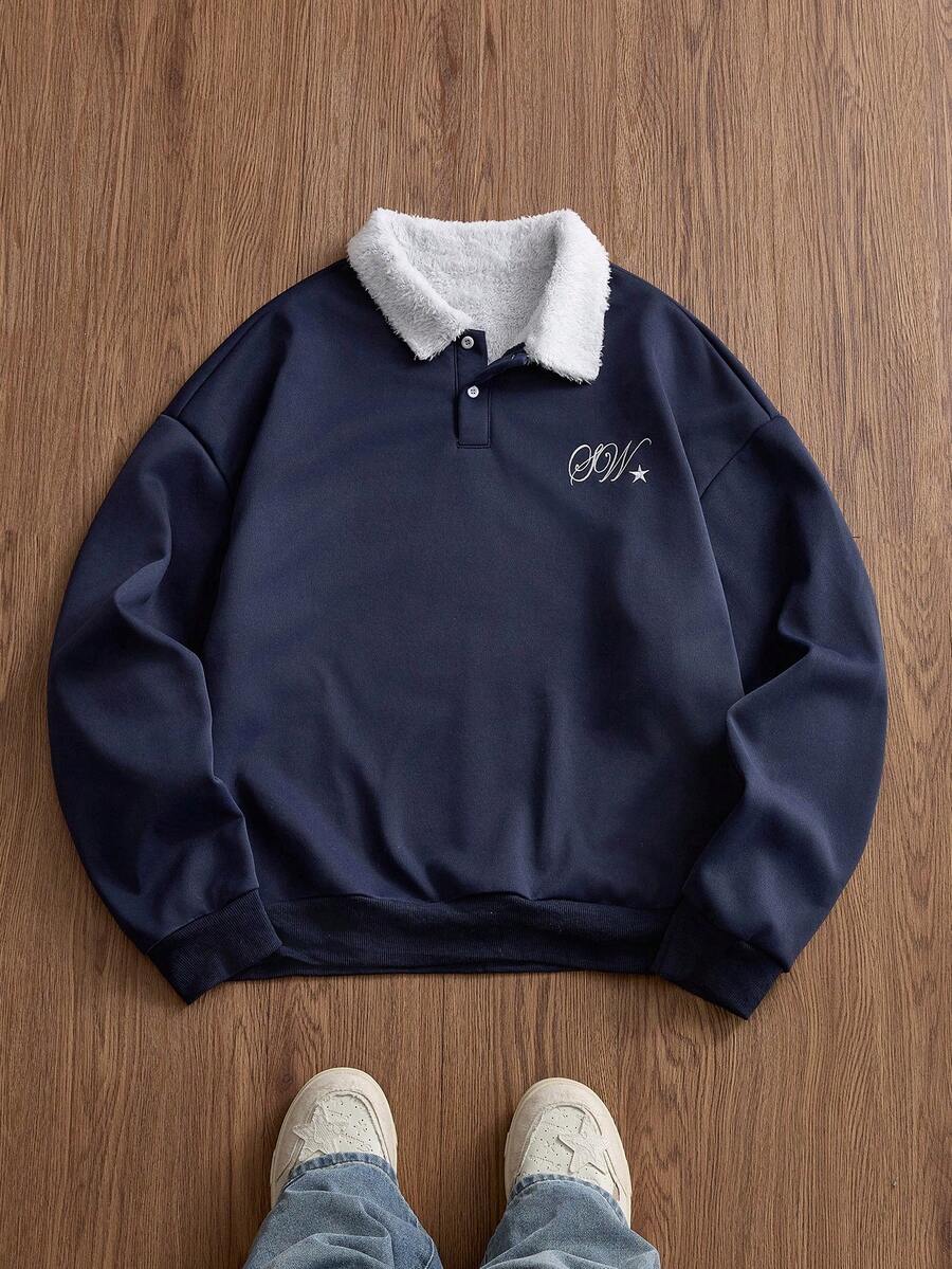 EASEVO Plus Size Men's Casual Loose Fit Pullover Pullover Sweatshirt With Embroidered Collar, Blue - Blue - View 1