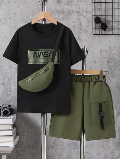 3pcs/Set Tween Boys' Print T-Shirt & Cargo Shorts & Mini Crossbody Bag, Suitable For Outdoor Activities In Spring/Summer