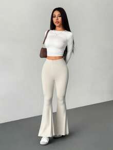 SHEIN PETITE 3pcs Women High Waist Bodycon Flared Pants Set, Suitable For Autumn And Winter - Multicolor - View 13