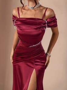 Rafferiza 女士修身性感红色连衣裙，修身廓形，适合新年假期 - 酒紅色 - 查看 4