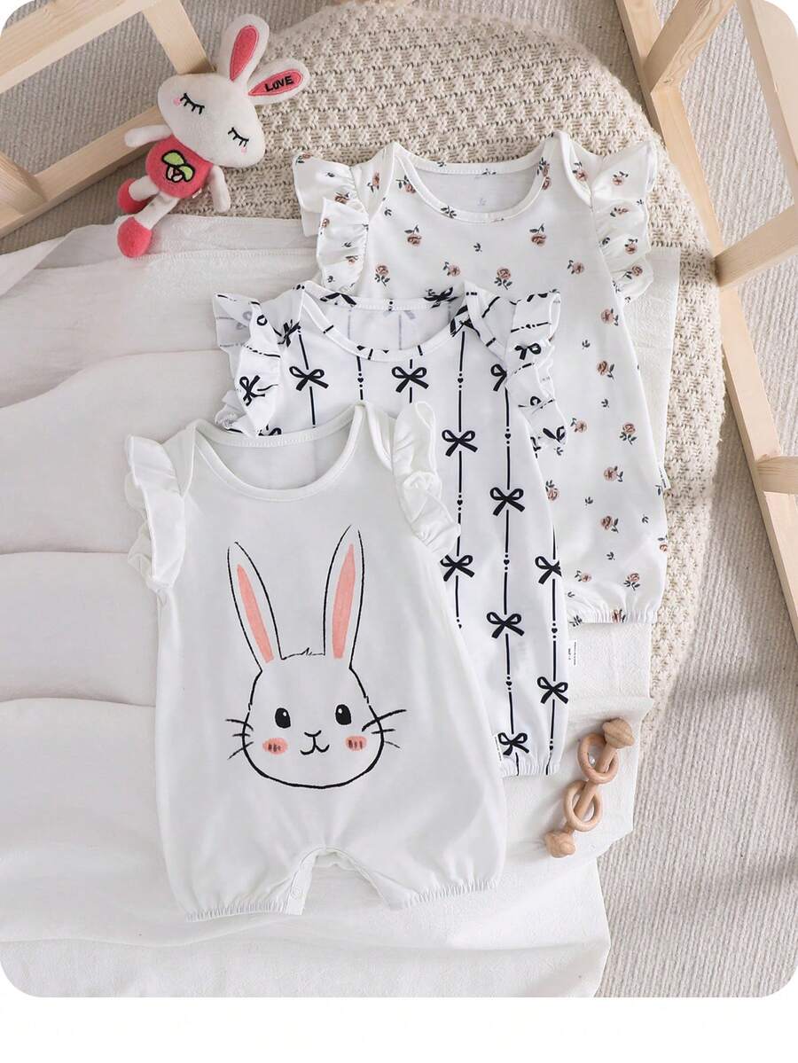 SHEIN Bộ 3 món áo liền quần dệt kim họa tiết hoạt hình dễ thương cho bé gái sơ sinh, thích hợp cho mùa hè. - Nhiều màu - Xem 1