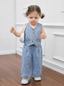 SHEIN HEIN 女童牛仔背带上衣和松紧腰裤两件套，儿童休闲度假波西米亚风家居服，毕业/派对/度假套装，秋季儿童休闲舒适装 - 淺色水洗藍 - 查看 6