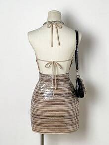 Flirla Women's Sexy Glitter Bodycon Vintage Mini Dress - Brown - View 2