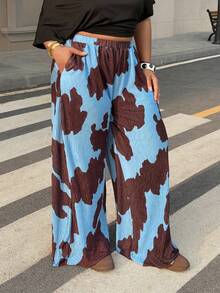 SHEIN EZwear 2026春夏新款休闲外出日常穿着宽松喇叭长裤，适合派对、生日、音乐节、返校、通勤、度假等多种场合，大码，蓝咖啡牛奶纹理，盐渍红色，褶皱印花 - 彩色 - 查看 4