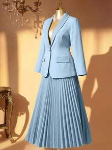 Rometta Plus Size Women Solid Color Long Sleeve Blazer With Pleated Midi Skirt Suit Set Graduation,Back To School,Teacher Outfits For Women Fall Cloth For Women Autumn - Baby Blue - View 2