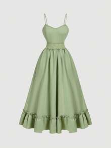 SHEIN MOD Women's Solid Color Waist Contrast Lace Elegant Spaghetti Strap Dress,Summer,Vacation Outfits, Retro, Vintage,Country Outfits,  Going Out,Teacher Outfits For Women,Date, Picnic, Party, Prom, Festival,Birthday Wear, Cottagecore Dress,Tea Party Dress,Milkmaid Dress,French Style Dress,Floral Print Dress - Green - View 2
