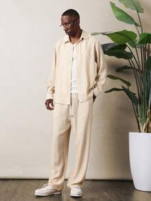 SUMWON Men's Linen Feel Button Down Shirt And Drawstring Pants Co-Ord Set For Summer Casual Wear - Light Yellow - View 1