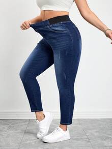 SHEIN Tall CURVE 春夏女式加大码口袋舒适高弹面料运动瑜伽休闲弹力腰休闲牛仔裤 - 中等水洗藍 - 查看 5