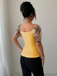 Rafferiza Blouse brodée à encolure carrée et manches bouffantes pour femmes - Jaune citron - Voir 2