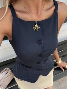 Livesso Fitted Solid Color Front Slit Casual Tank Top For Women - Navy Blue - View 6