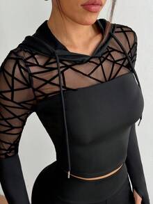 Slayform 植绒和网眼拼布抽绳连帽衫和裤子无缝运动套装健身女士套装女士紧身裤套装 - 黑色 - 查看 4