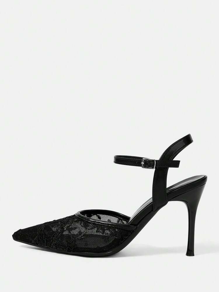 CUCCOO HITCHD Women Shoes Pointed Thin High Heel Black Mesh Lace Simple Ankle Strap Women's Slingback Shoes Wedding Party Banquet Simple Fashion Sexy Women's High Heel Shoes Women's Shoes